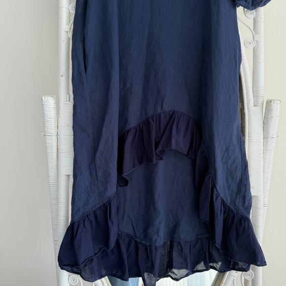 100% Linen Dress Medium Navy Ruffle Lagenlook Coastal Pockets Flowy Minimalist - Picture 3 of 9